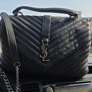 Yves Saint Laurent Black Sheepskin Matelesse Chevron Monogram College Bag